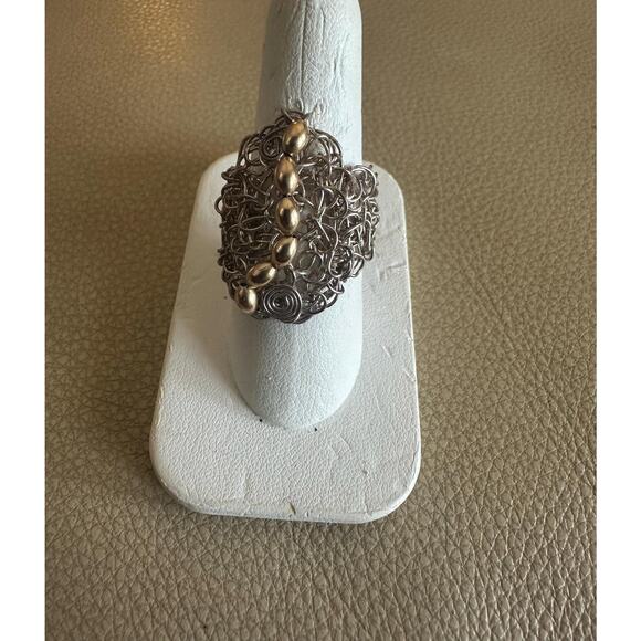 Crochet Fine Silver Wire Ring with Gold Beads Ring Size 7 - Picture 1 of 5